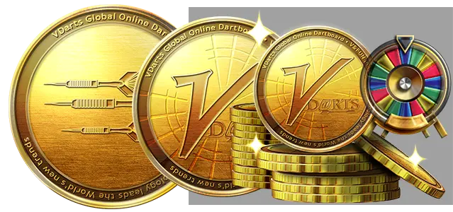 Image of gold coins featuring the 'VDARTS' logo and a colorful wheel icon, representing virtual currency for an online dartboard game.