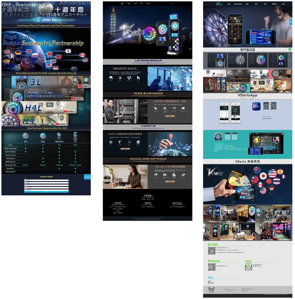 Portfolio image showcasing various web design projects, including product displays, business opportunities, app interfaces, and company information.